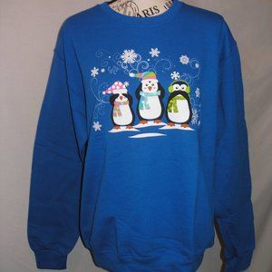 New Women's Small Jerzees Blue Fleece Sweatshirt Screen Printed Penguins